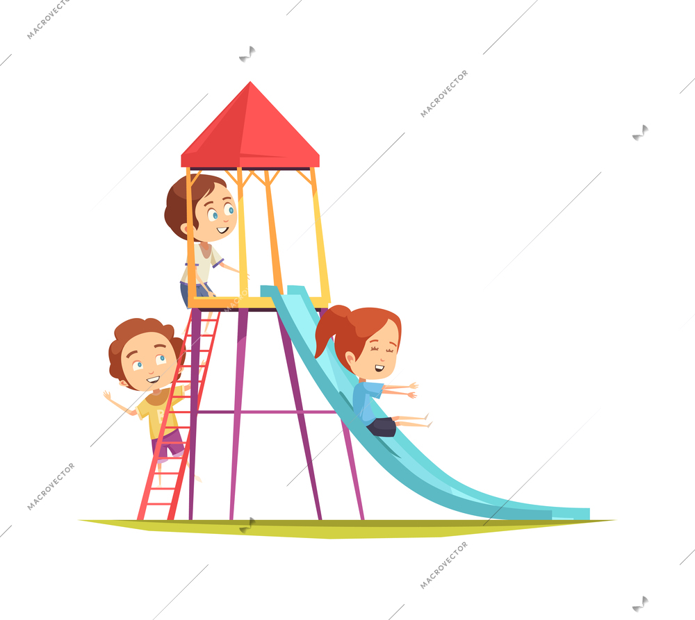 Children having fun on playground sliding down slide cartoon vector illustration
