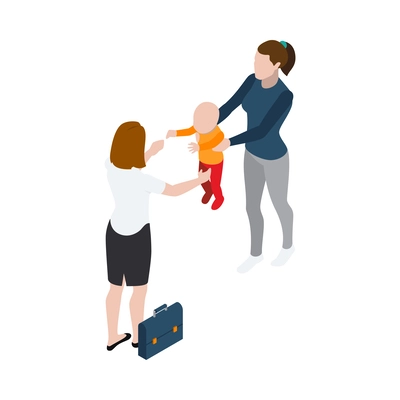 Babysitter giving little child to his mum isometric vector illustration