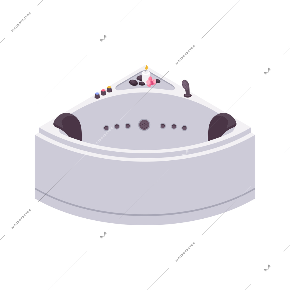 Isometric modern hot tub with candles 3d isolated vector illustration