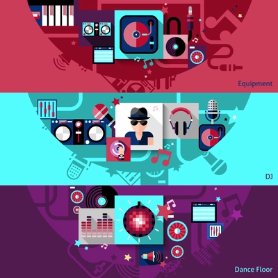 Dj horizontal banner set with dance floor equipment elements isolated vector illustration