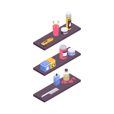 Bathroom interior isometric icon with various accessories on shelves 3d vector illustration