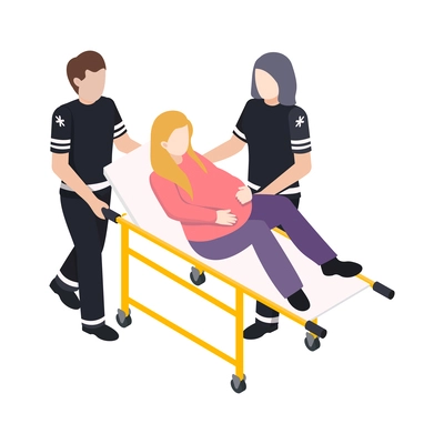 Pregnancy isometric icon with paramedics carrying pregnant woman on stretcher 3d vector illustration