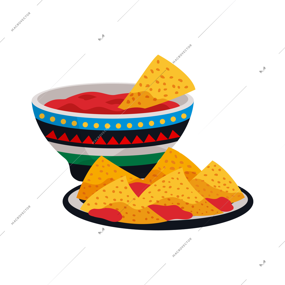 Mexican corn tortilla nachos chips with salsa sauce flat vector illustration