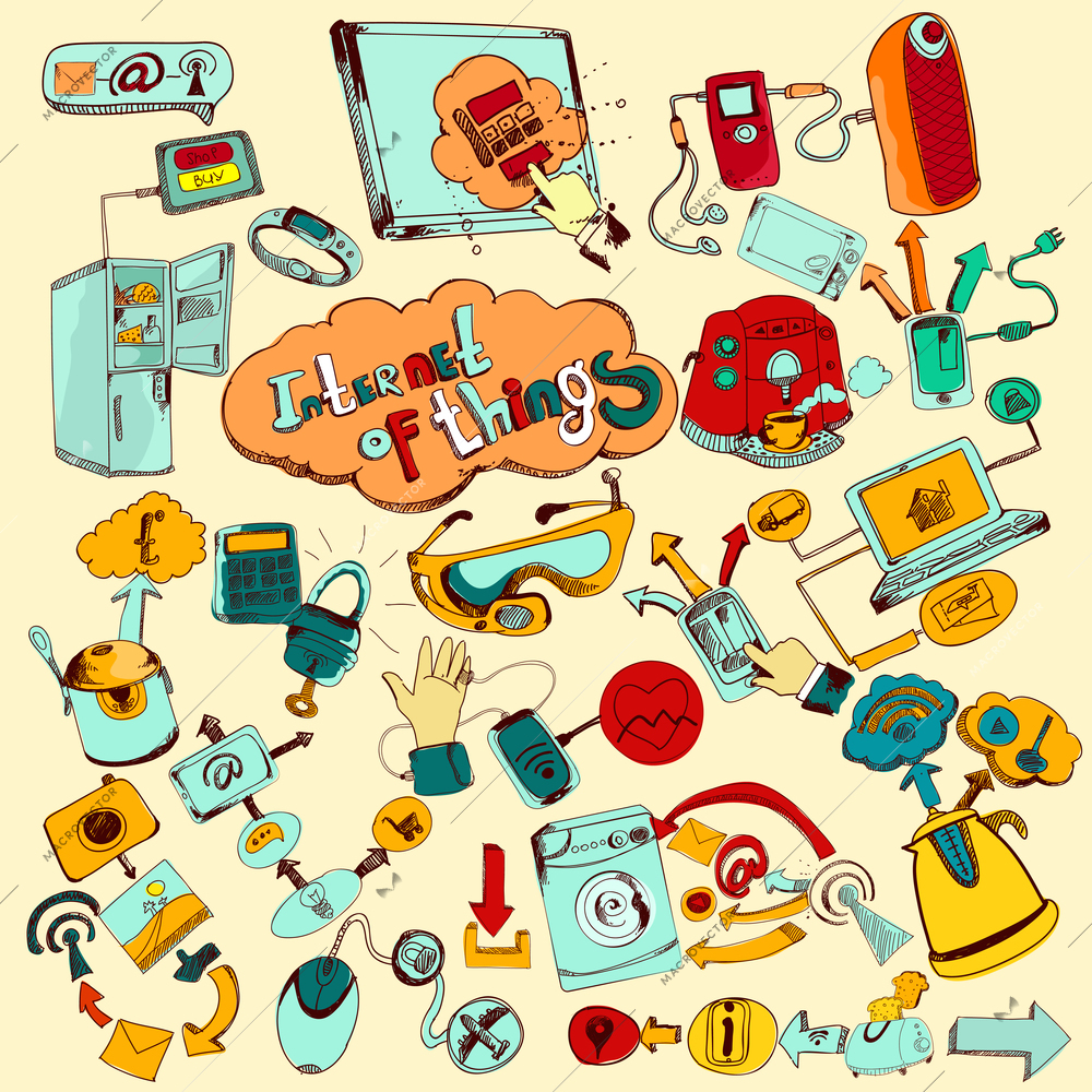 Internet of things doodles colored set with remote control home network elements vector illustration