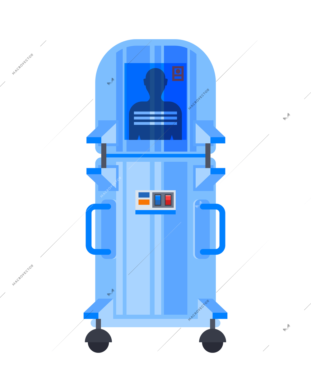 Cryochamber with human identifier on white background flat vector illustration