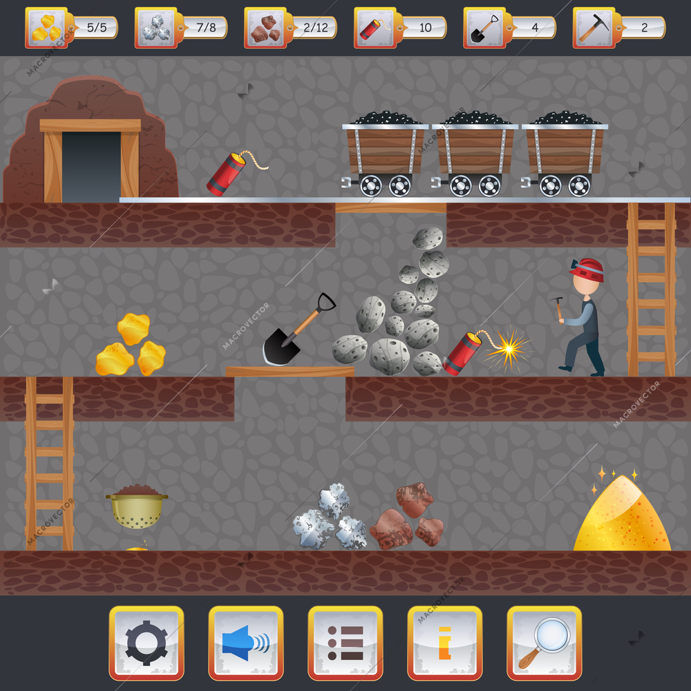 Mining game treasure hunt interface with assets signs and miner vector illustration