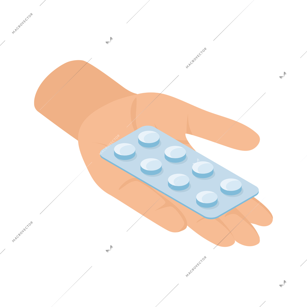 Human hand holding blister with white pills isometric icon vector illustration