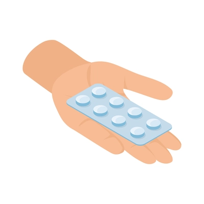 Human hand holding blister with white pills isometric icon vector illustration