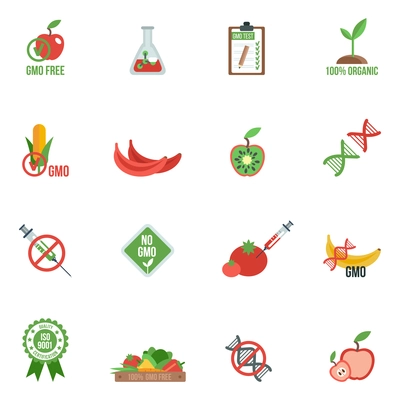 Gmo with genes modified food and warning information icons flat set isolated vector illustration