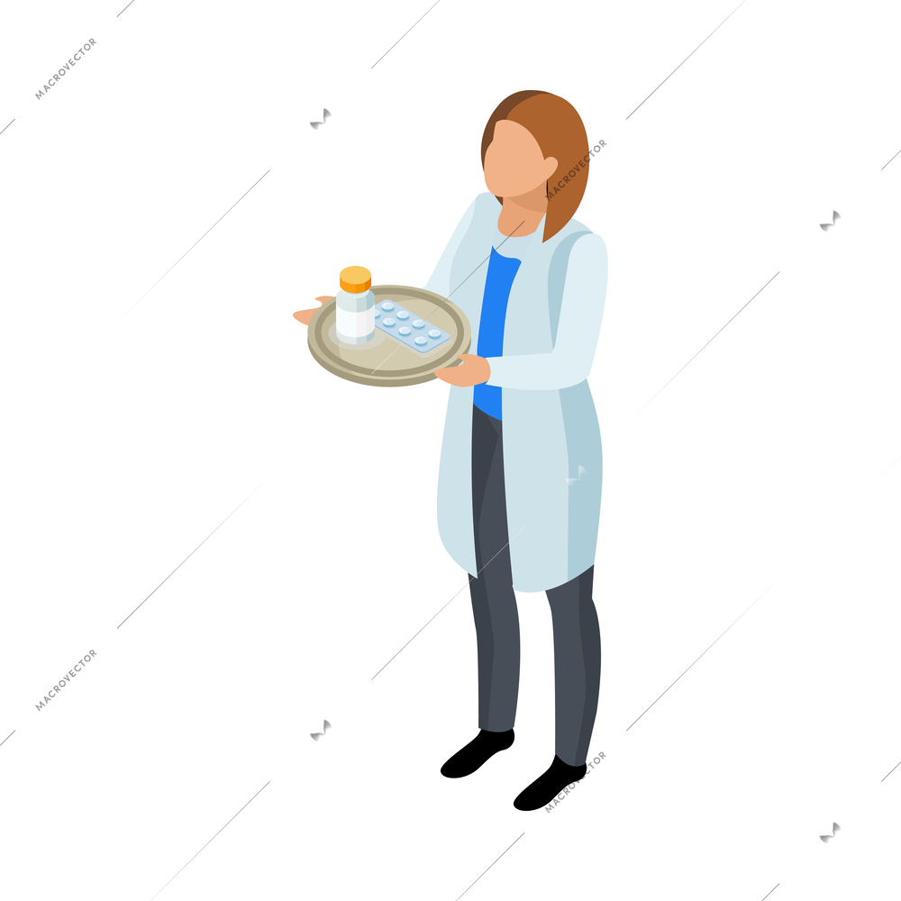 Isometric female doctor holding tray with medication vector illustration