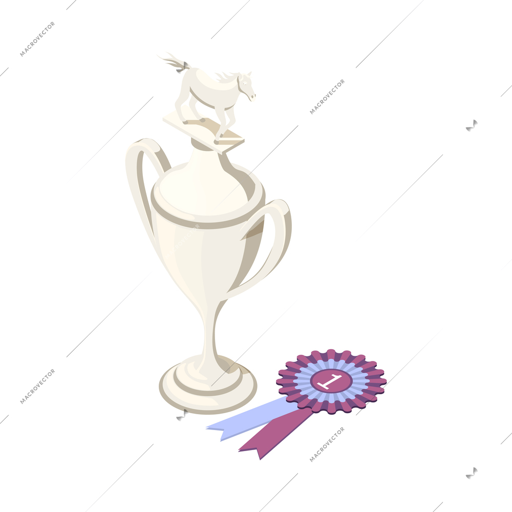 Equestrian sport award isometric icon with winner cup and rosette 3d vector illustration