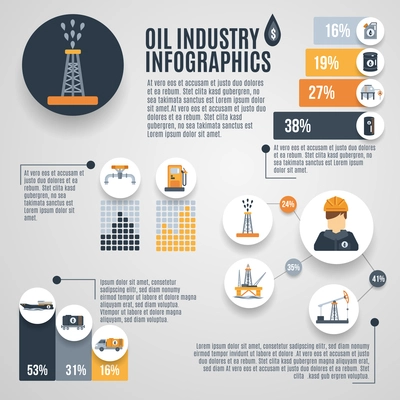 Oil industry infographic set with petroleum extraction symbols charts vector illustration