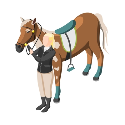 Female jockey character with brown horse isometric vector illustration