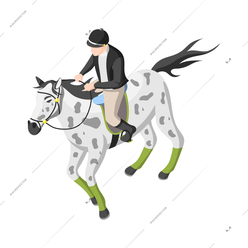 Male jockey riding horse isometric vector illustration