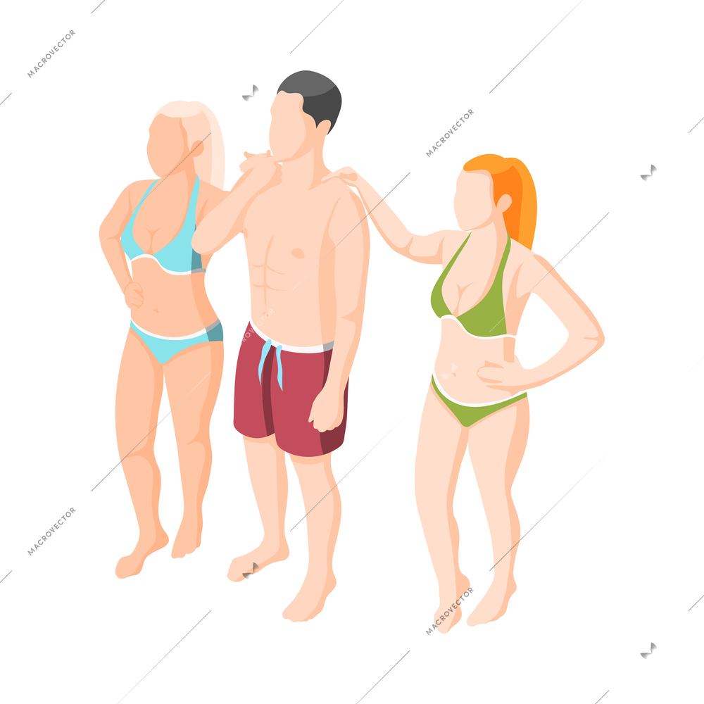 Rich life isometric concept with man and two women on beach vector illustration