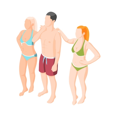 Rich life isometric concept with man and two women on beach vector illustration