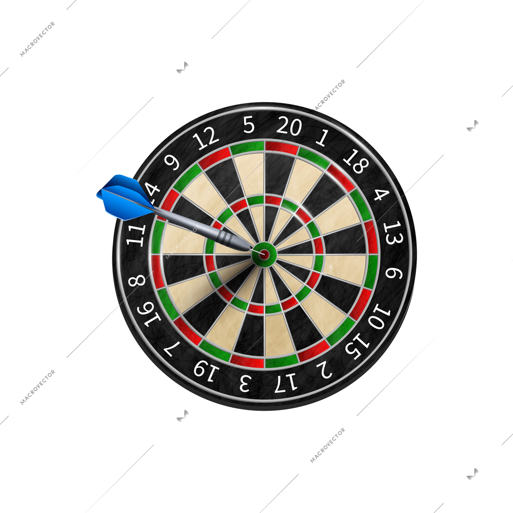 Dart hit target on round dartboard realistic vector illustration