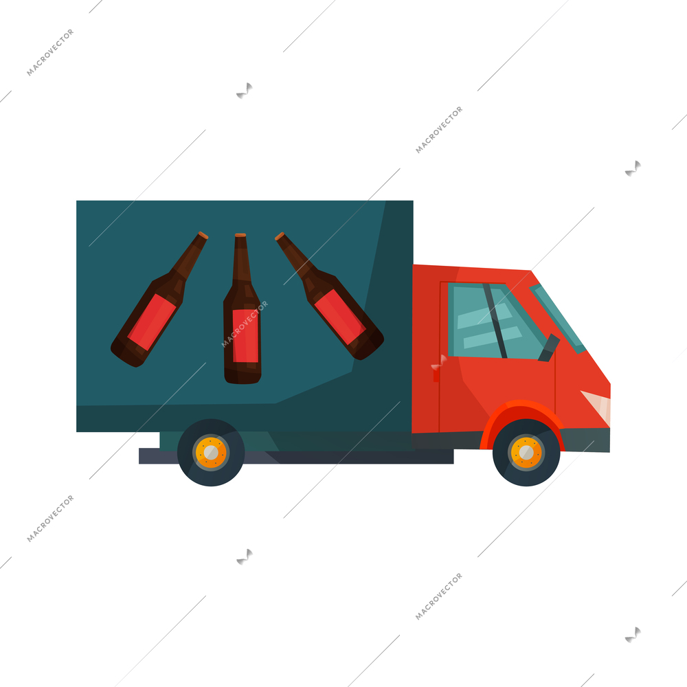 Flat beer delivery van side view on white background vector illustration