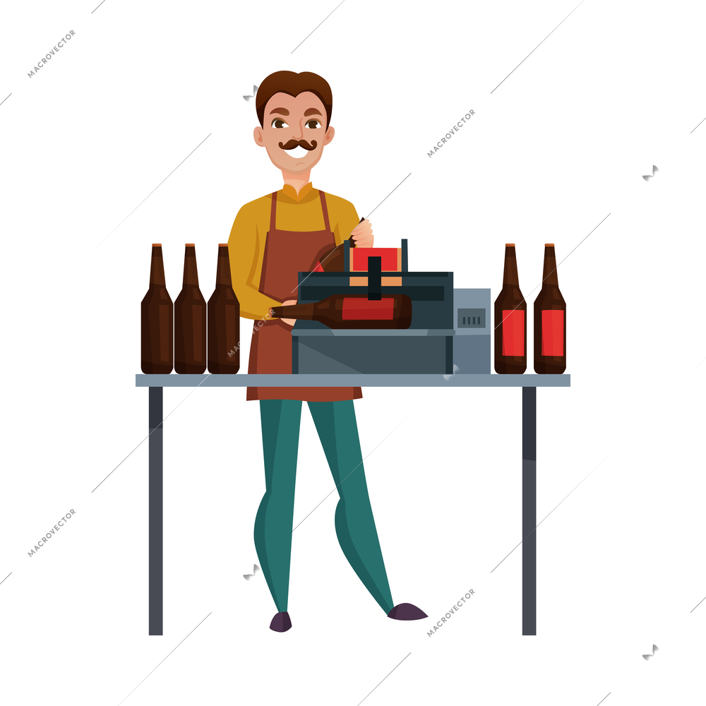 Flat brewery worker sticking labels on beer bottles vector illustration