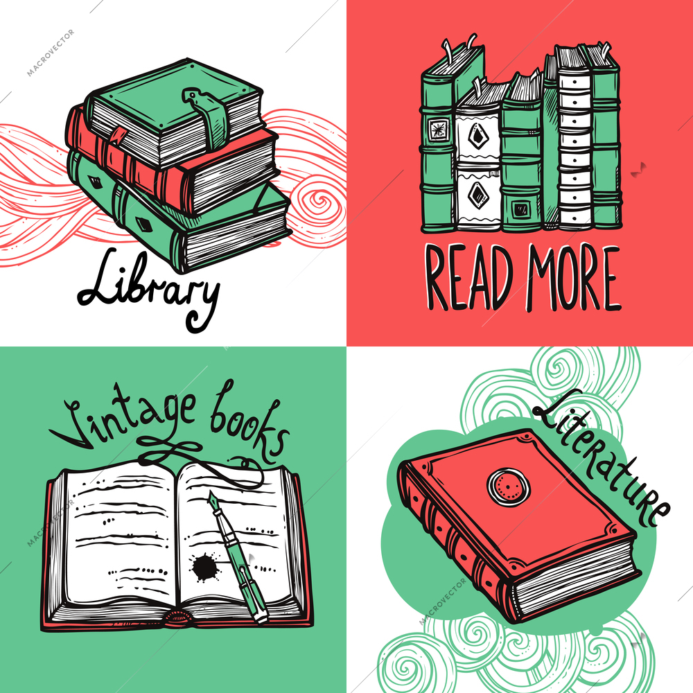 Retro books design concept set with library reading literature sketch elements isolated vector illustration