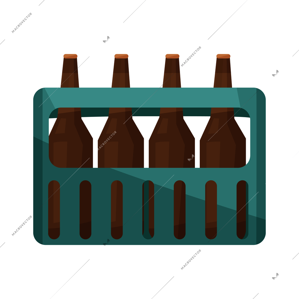 Plastic crate of beer bottles side view flat vector illustration