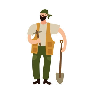 Archeologist with pickaxe and shovel flat vector illustration