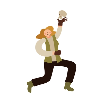 Happy female archeologist with ancient skull flat vector illustration