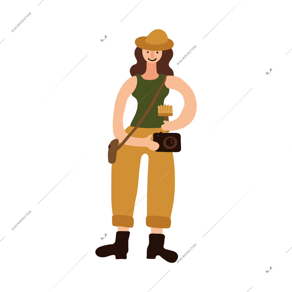 Female archeologist with archeological brush and camera flat vector illustration