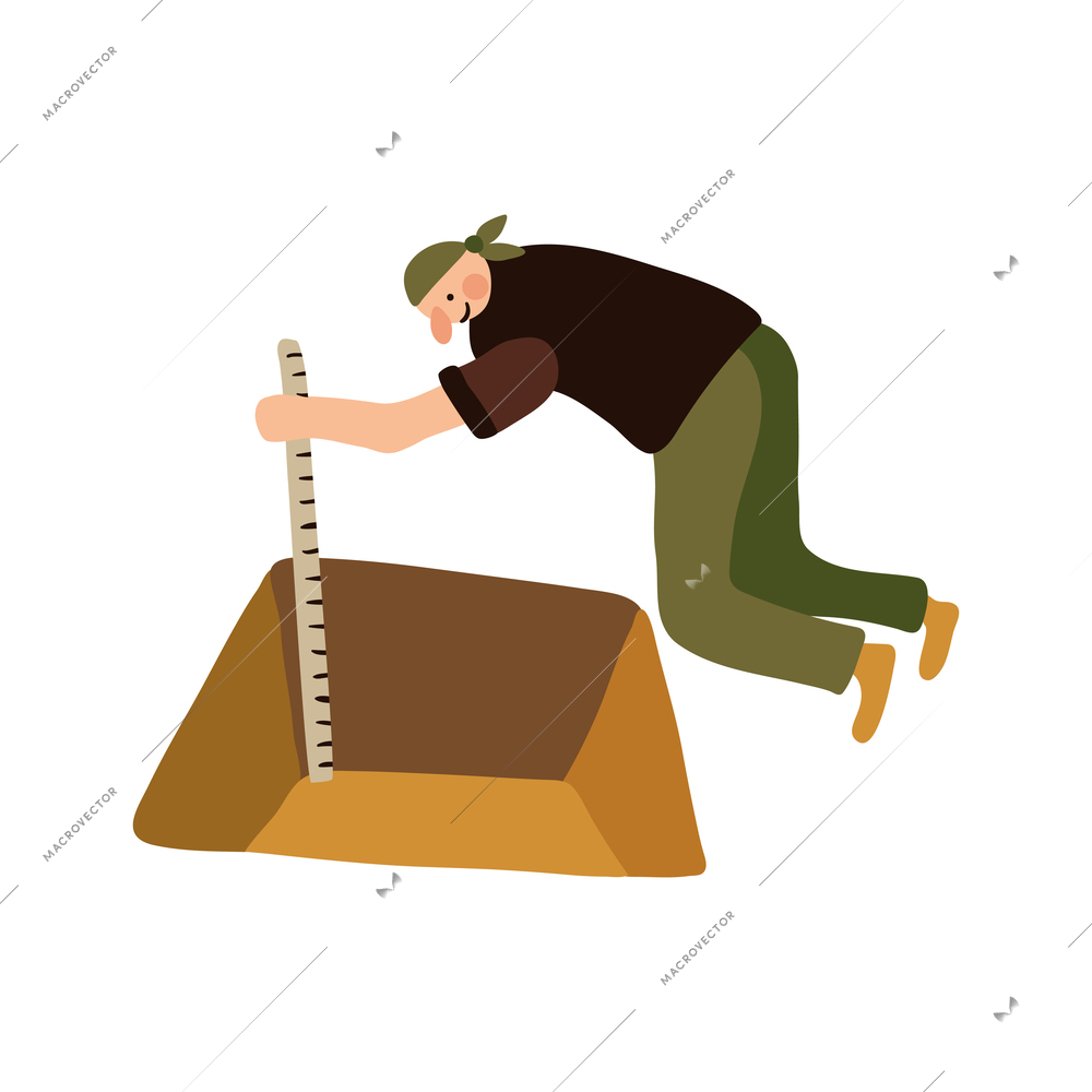 Archeologist doing measurements at excavation site flat vector illustration