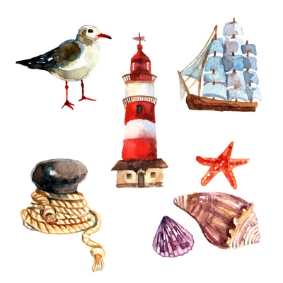 Watercolor nautical elements set with seagull sail ship lighthouse isolated vector illustration