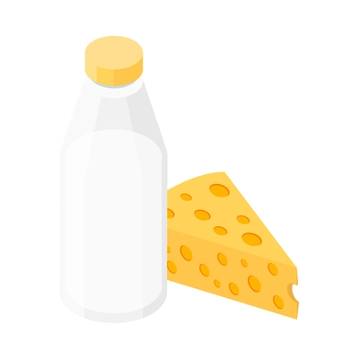 Probiotics isometric icon with piece of cheese and bottle of milk 3d vector illustration