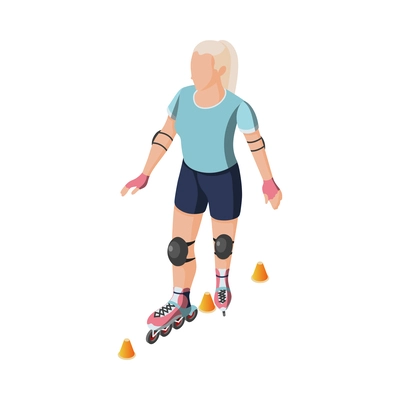 Isometric woman rollerskating wearing protective gear vector illustration