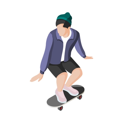 Isometric character of teenager skateboarder on white background vector illustration