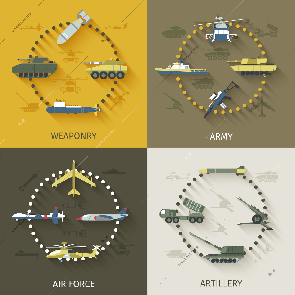 Army design concept set with weaponry air force artillery flat icons isolated vector illustration