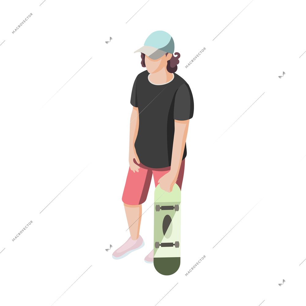 Isometric faceless teenager character with skateboard vector illustration