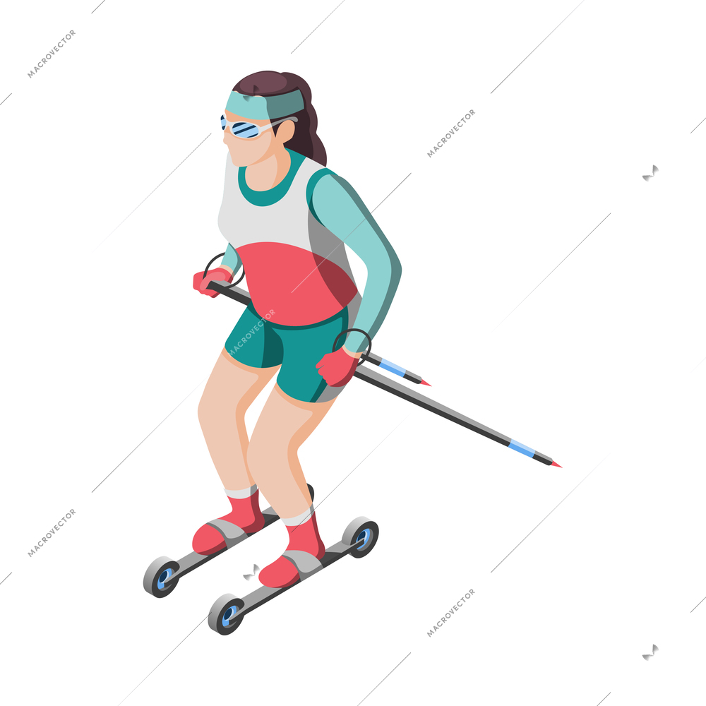 Isometric woman rollerskiing on white background vector illustration