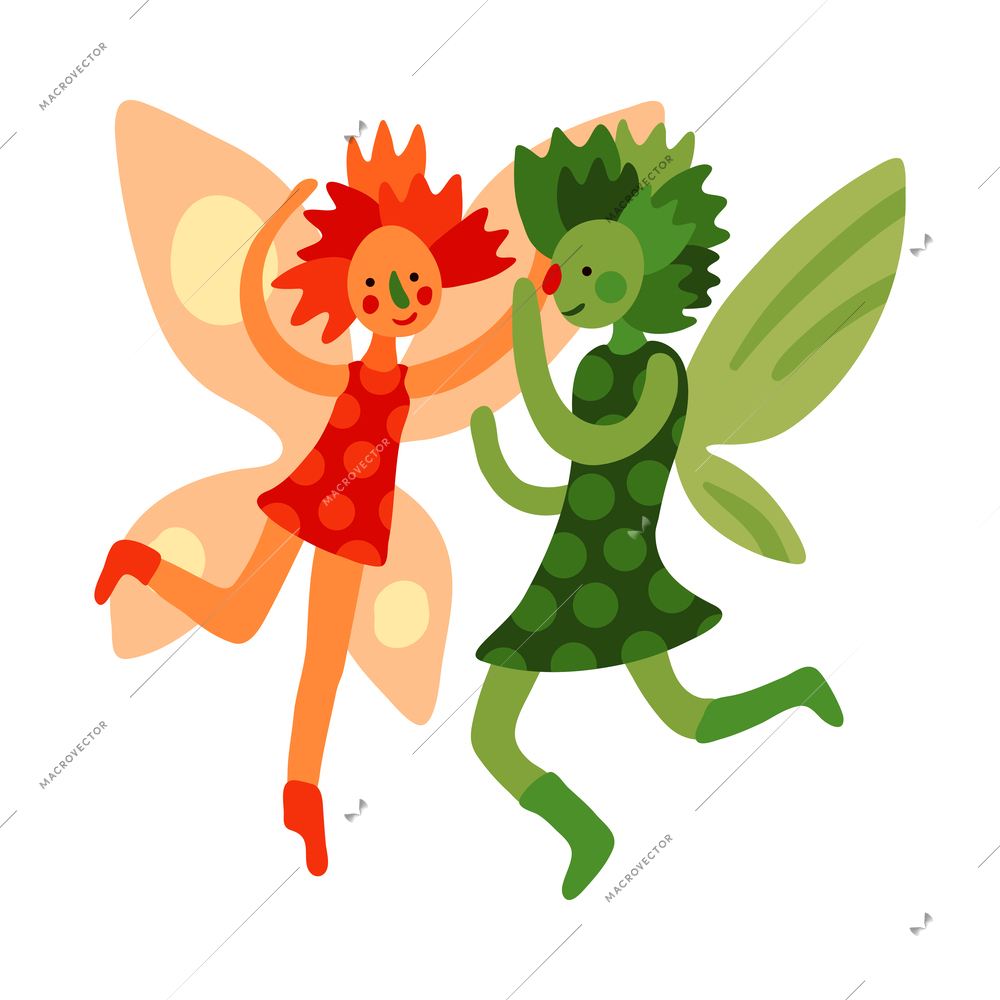 Two orange and green fairies folklore characters flat vector illustration