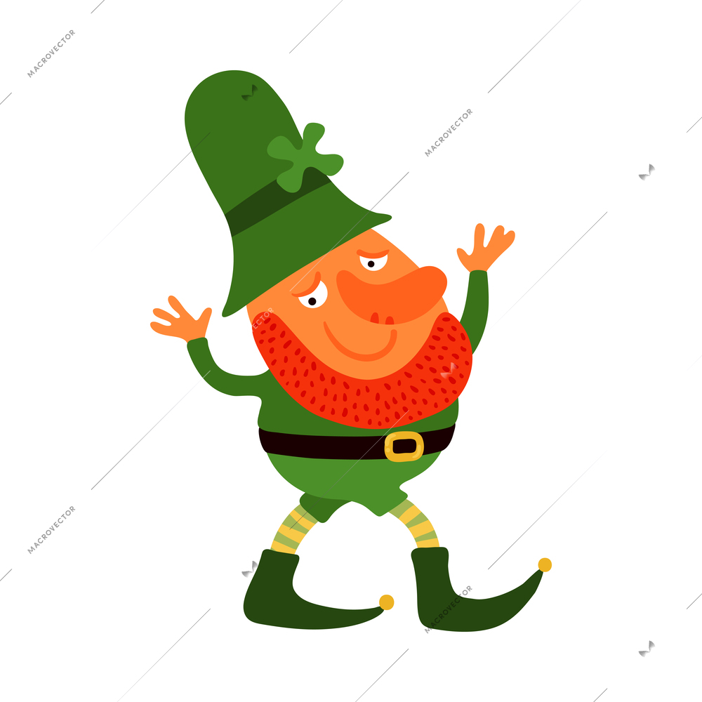 Cute leprechaun with red beard on white background flat vector illustration