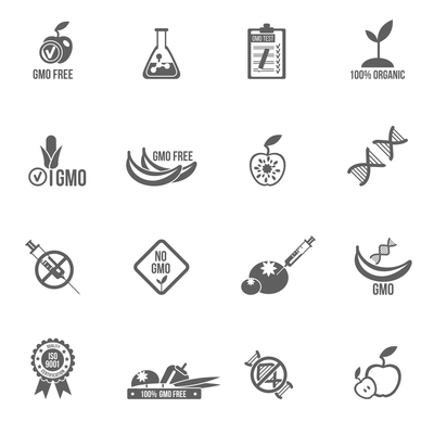 Gmo icons black set with healthy agriculture genetic danger symbols isolated vector illustration