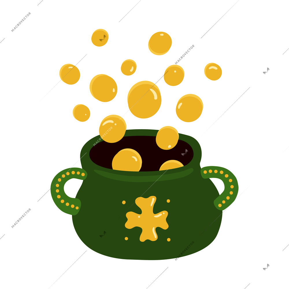 Flat green pot with golden coins and clover symbol in flat style vector illustration