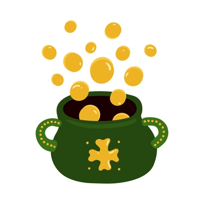 Flat green pot with golden coins and clover symbol in flat style vector illustration