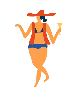 Summer holiday flat concept with woman in swimsuit drinking cocktail vector illustration