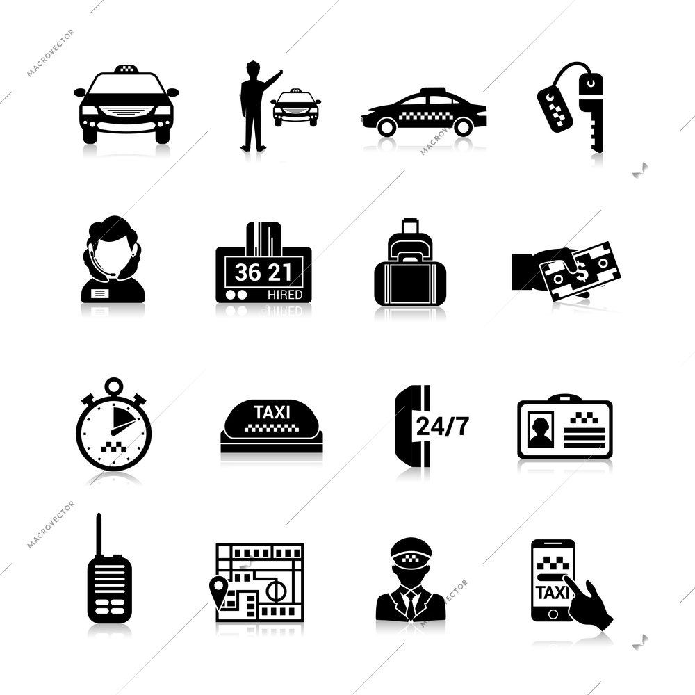 Taxi icons black set with luggage order driver license isolated vector illustration