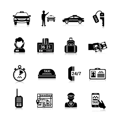 Taxi icons black set with luggage order driver license isolated vector illustration