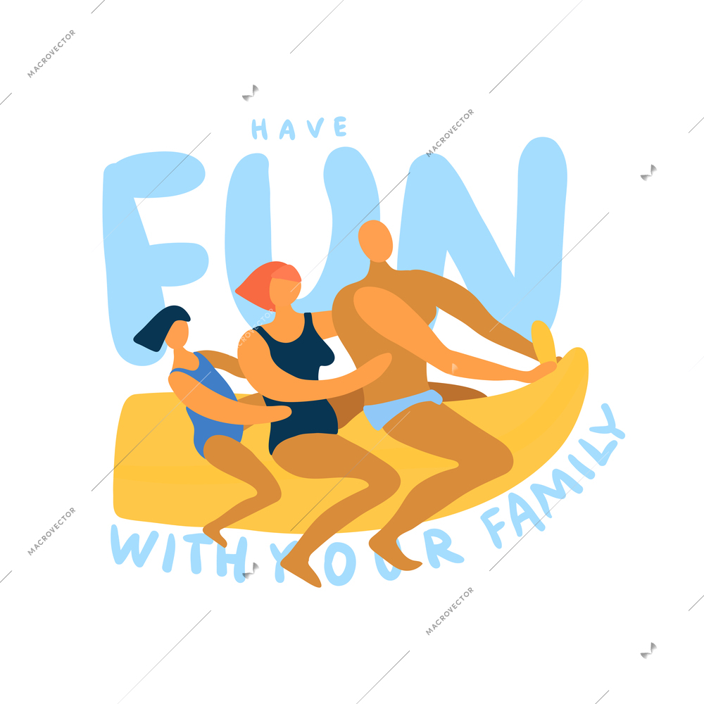 Sea activities flat emblem with people having fun sailing banana boat vector illustration