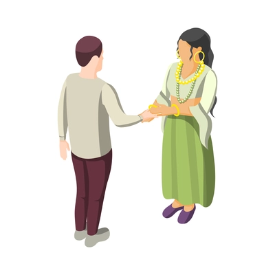 Gypsy woman reading hand to man isometric vector illustration