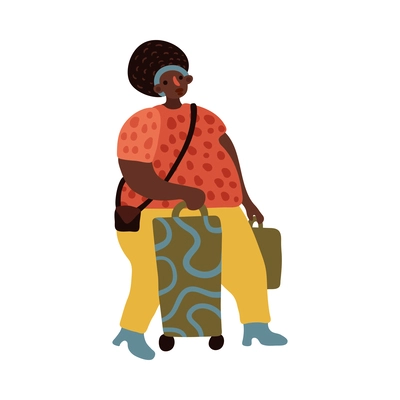 Plump african woman travelling with luggage flat vector illustration