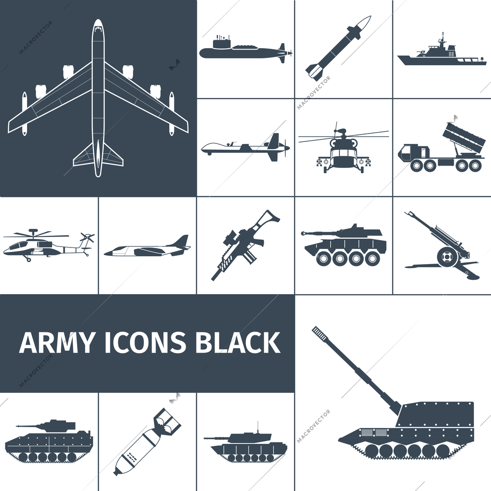 Army weapon icons black set with jet fighter aircraft rifle helicopter isolated vector illustration
