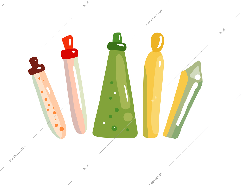 Colorful magical potions in tubes on white background flat vector illustration