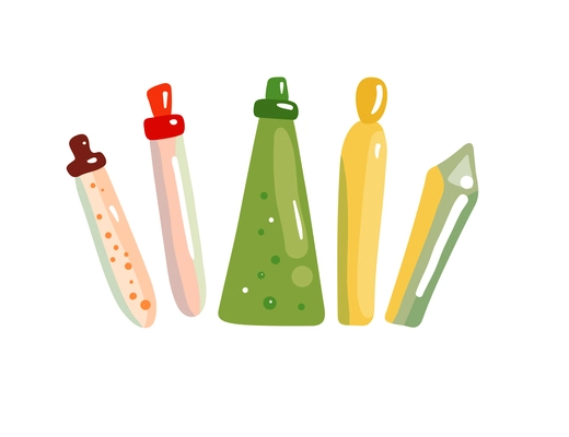 Colorful magical potions in tubes on white background flat vector illustration